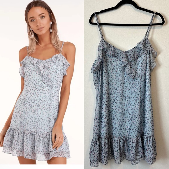 Lulus Dresses & Skirts - Lulus XL Sing Sweetly Light Blue Floral Print Mini Ruffle Hem Neckline Dress